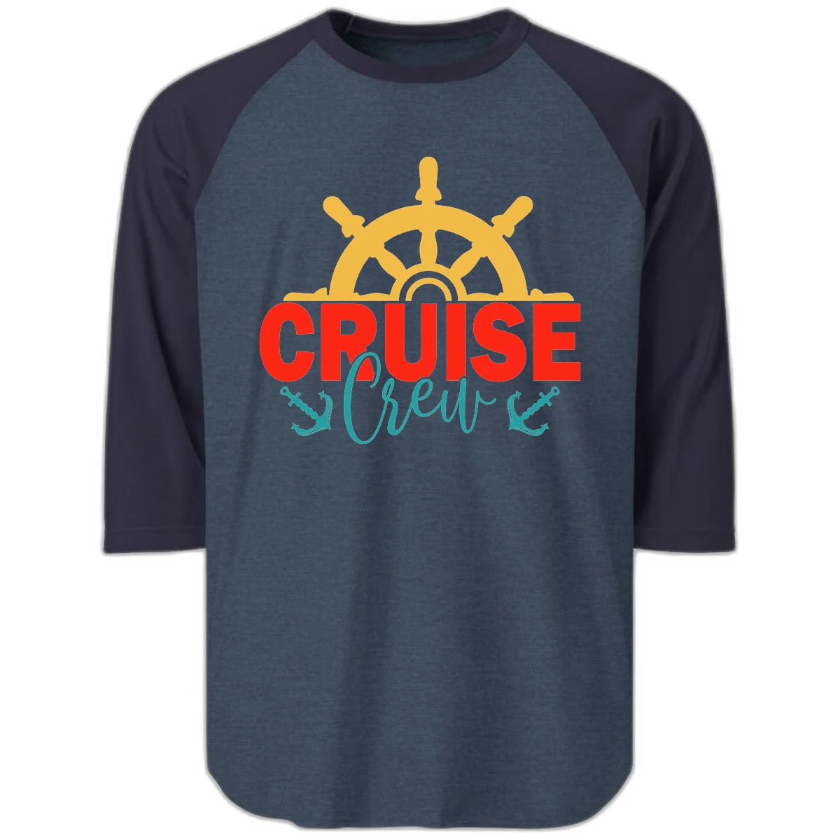 Cruise Shrek Nautical Wheel Design Raglan 3/4 in Heather Denim Navy