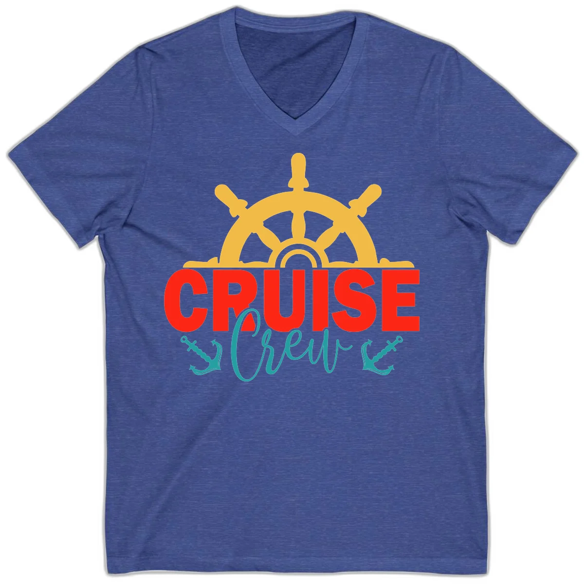 Cruise Shrek Nautical Wheel Design V-Neck in Heather True Royal
