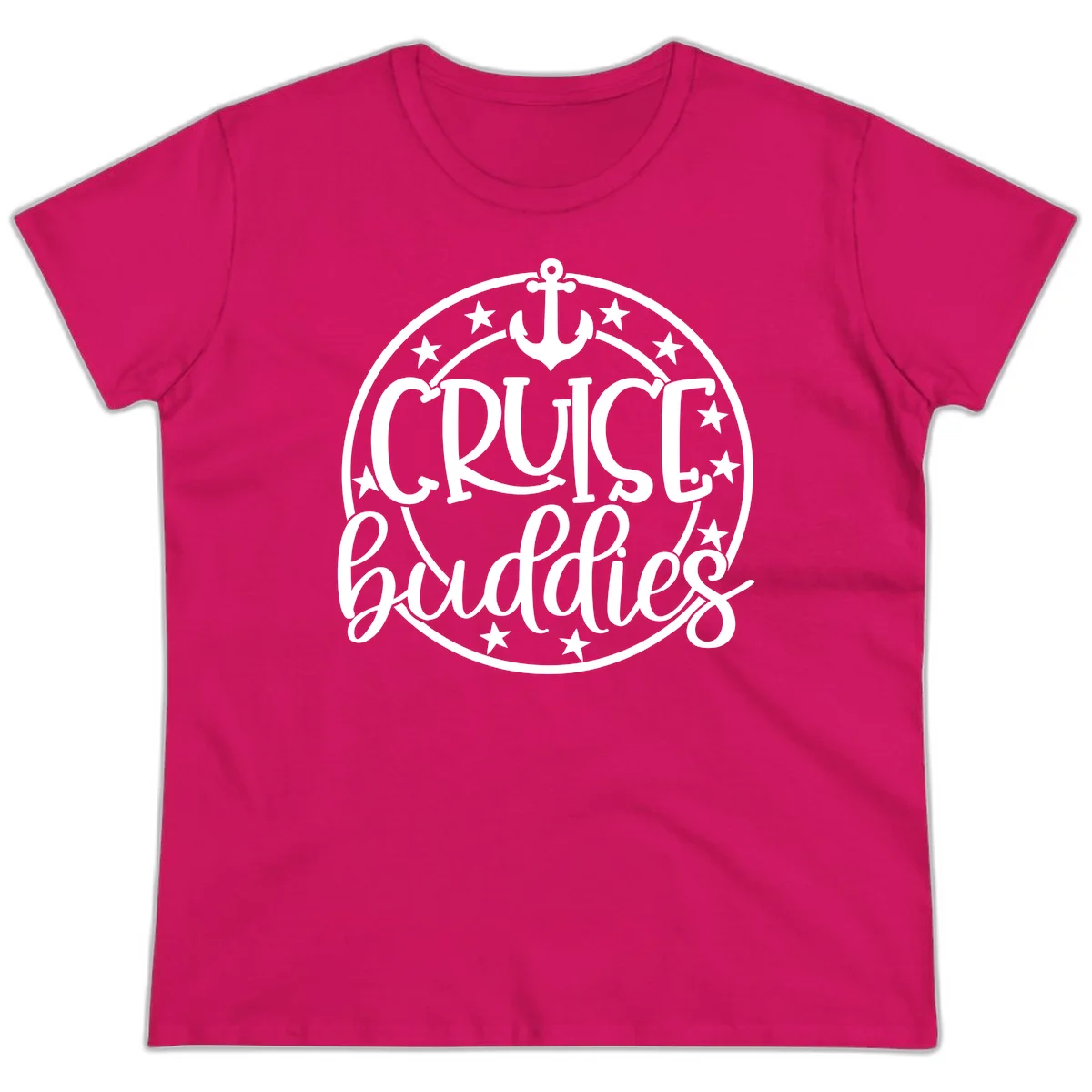 Cruise Buddies Anchor Circle Ladies Tee in Heliconia