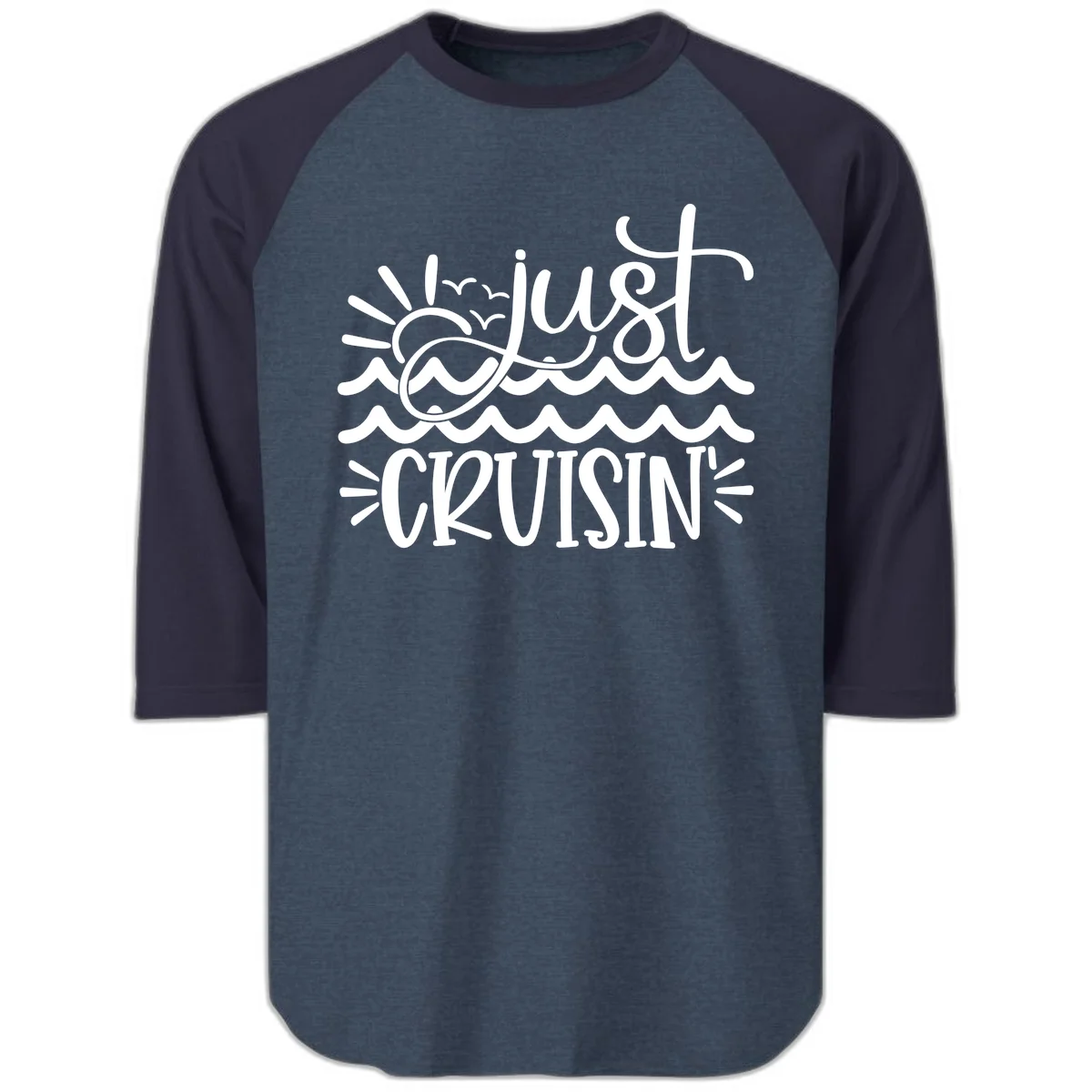 Just Cruisin' Nautical Ocean Waves Raglan 3/4 Tee in Heather Denim Navy