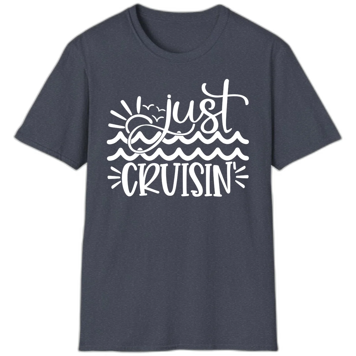 Just Cruisin' Nautical Ocean Waves Vacation T-Shirt in Heather Navy