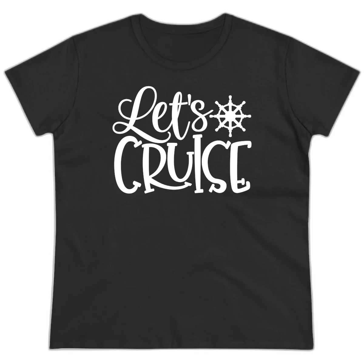 Let's Cruise Nautical Wheel Design Ladies Tee in Black