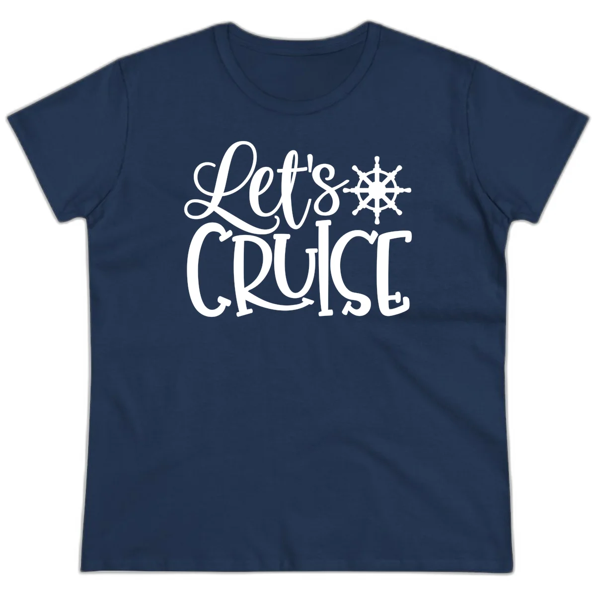 Let's Cruise Nautical Wheel Design Ladies Tee in Navy