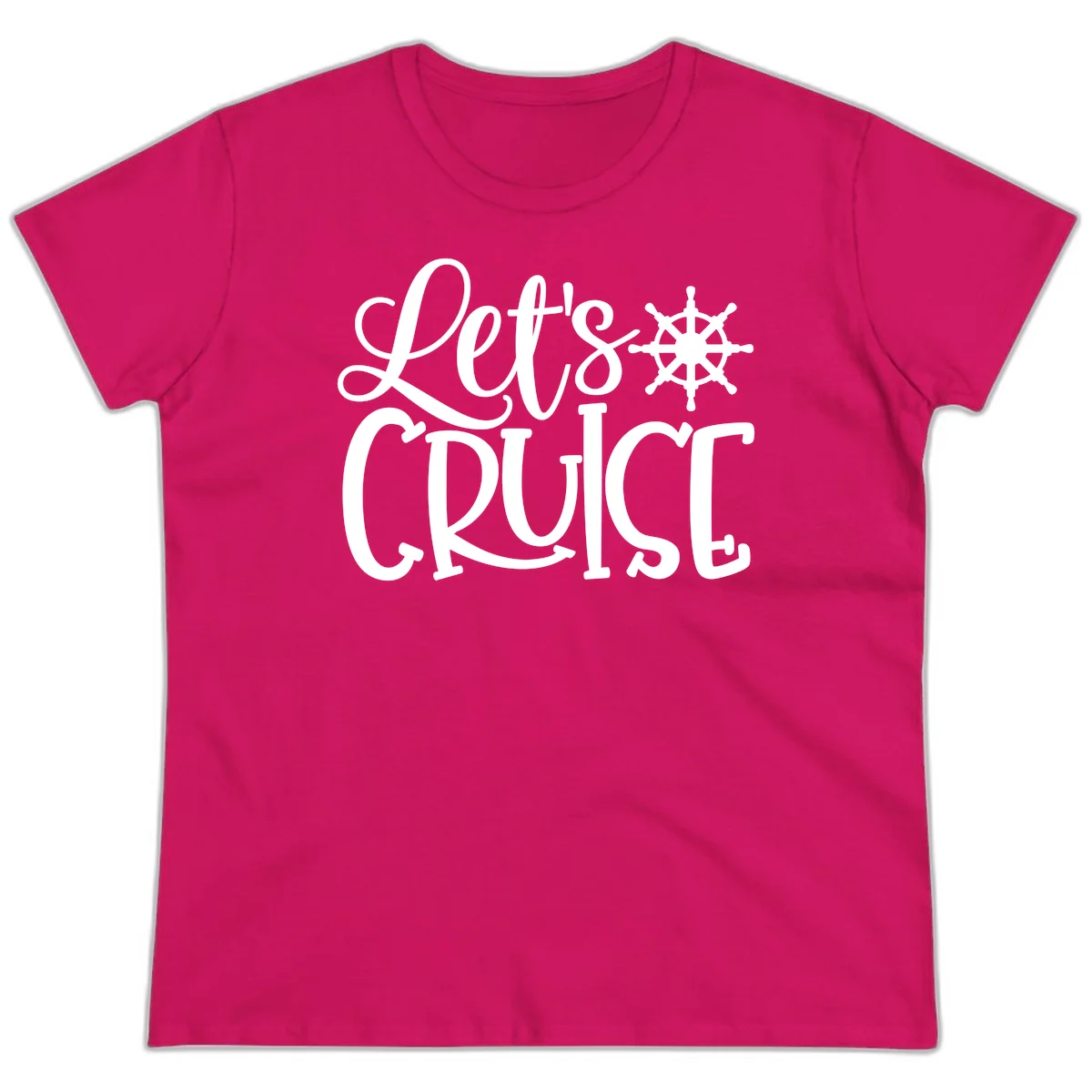 Let's Cruise Nautical Wheel Design Ladies Tee in Heliconia