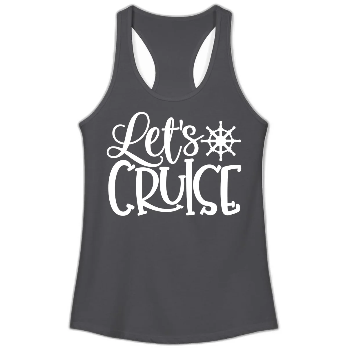 Let's Cruise Nautical Wheel Design Ladies Tank in Solid Dark Gray
