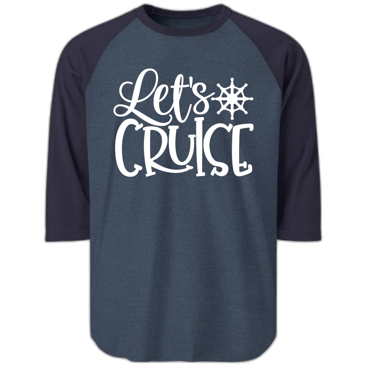 Let's Cruise Nautical Wheel Design Raglan 3/4 in Heather Denim Navy