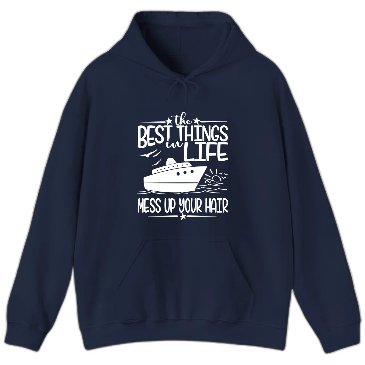 Best Things In Life Mess Up Your Hair Hoodie in Navy