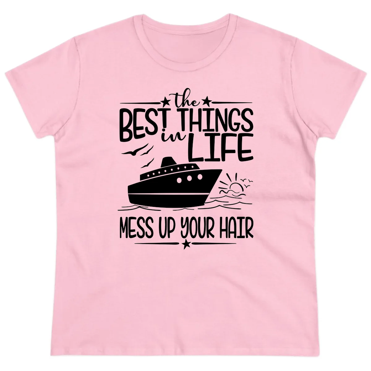 Best Things In Life Mess Up Your Hair Ladies Tee in Light Pink
