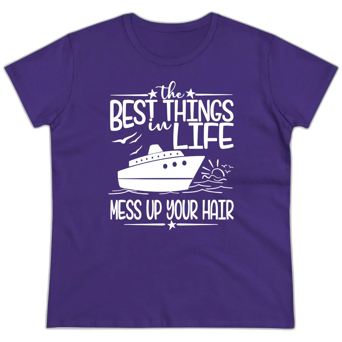Best Things In Life Mess Up Your Hair Ladies Tee in Purple