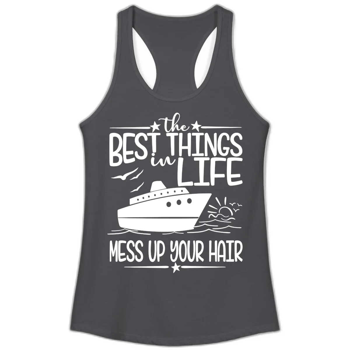 Best Things In Life Mess Up Your Hair Ladies Tank in Solid Dark Gray