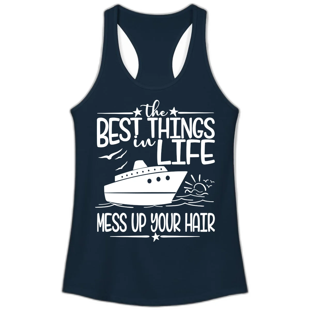 Best Things In Life Mess Up Your Hair Ladies Tank in Solid Midnight Navy