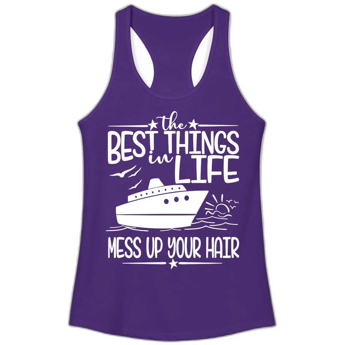 Best Things In Life Mess Up Your Hair Ladies Tank in Solid Purple Rush