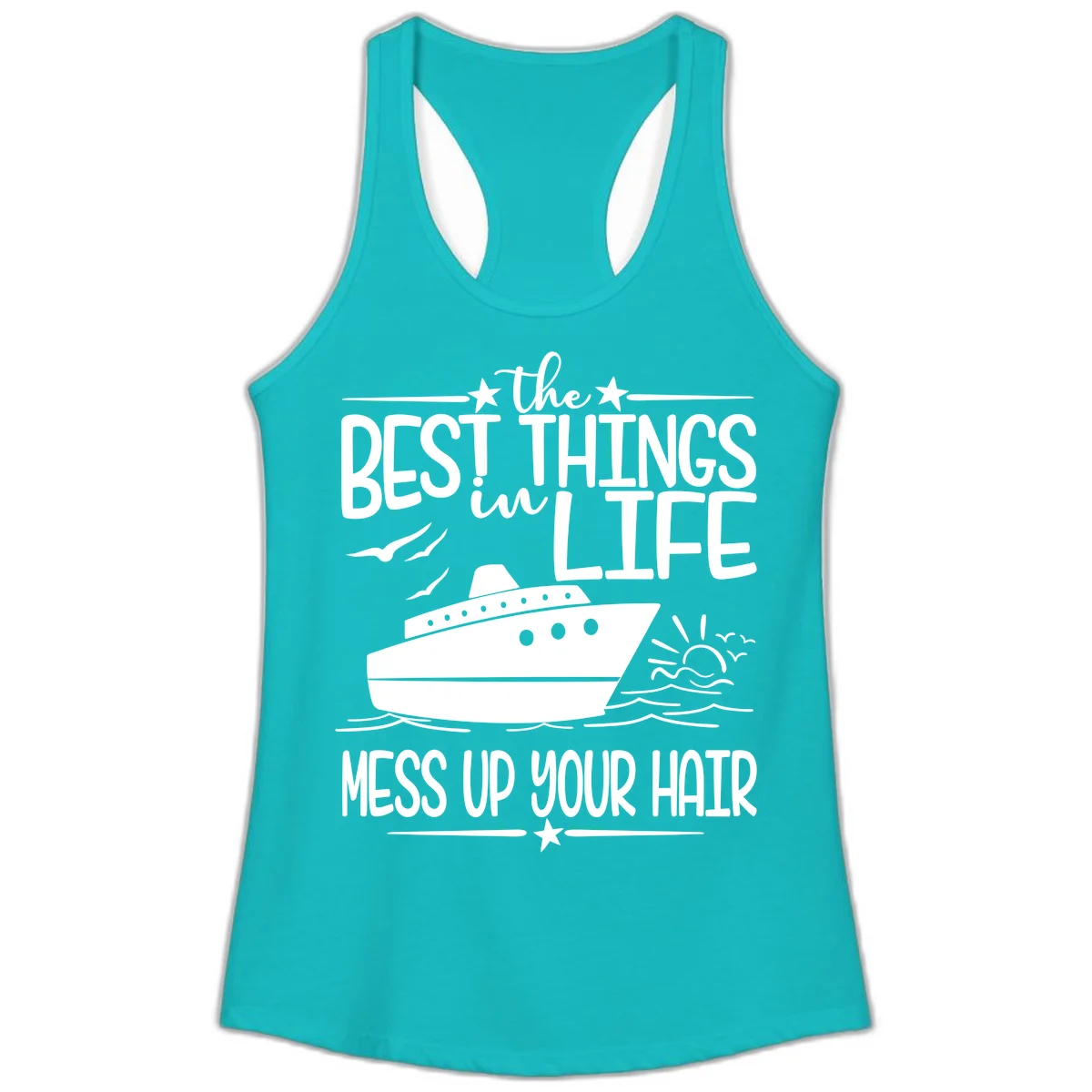 Best Things In Life Mess Up Your Hair Ladies Tank in Tahiti Blue