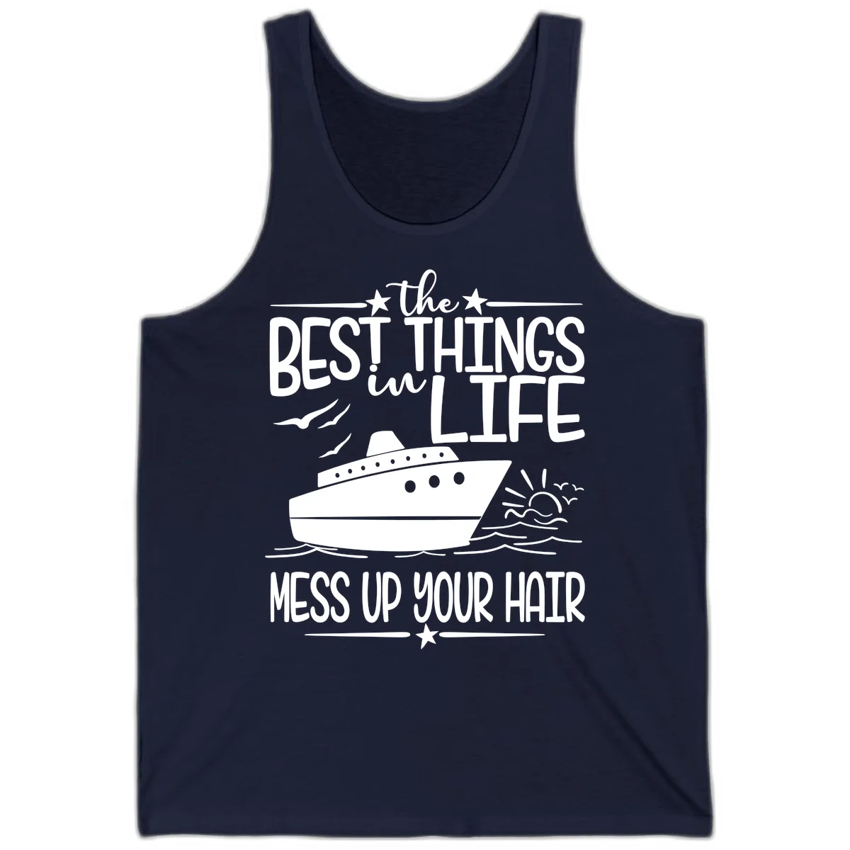 Best Things In Life Mess Up Your Hair Tank in Navy