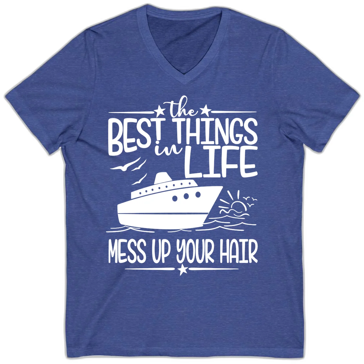 Best Things In Life Mess Up Your Hair V-Neck in Heather True Royal