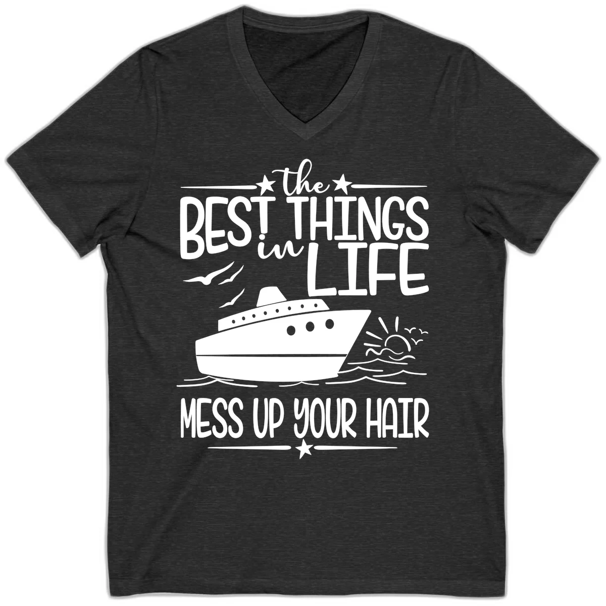 Best Things In Life Mess Up Your Hair V-Neck in Dark Grey Heather