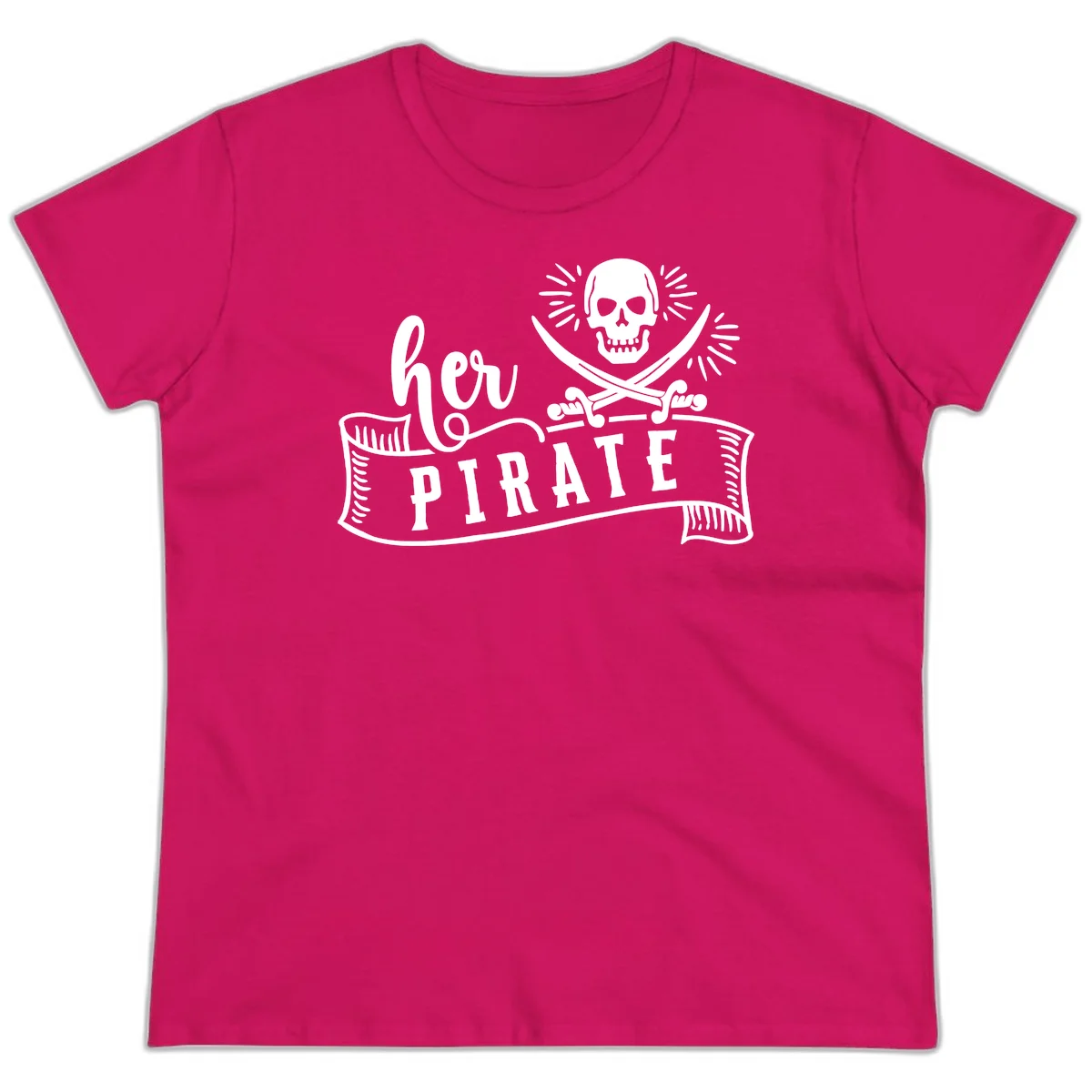 Ahoy Pirate Skull & Crossbones Ladies Tee in Heliconia