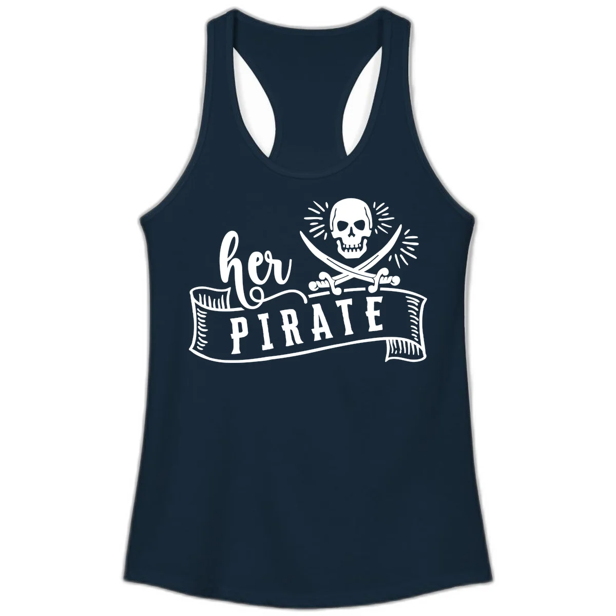 Ahoy Pirate Skull & Crossbones Ladies Tank in Solid Midnight Navy