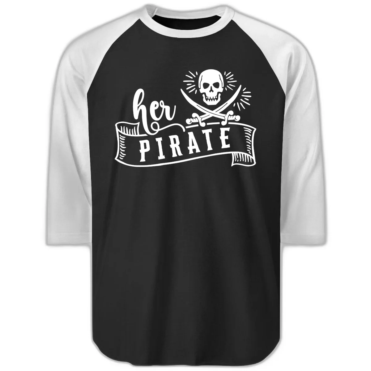 Ahoy Pirate Skull & Crossbones Raglan 3/4 in Black White