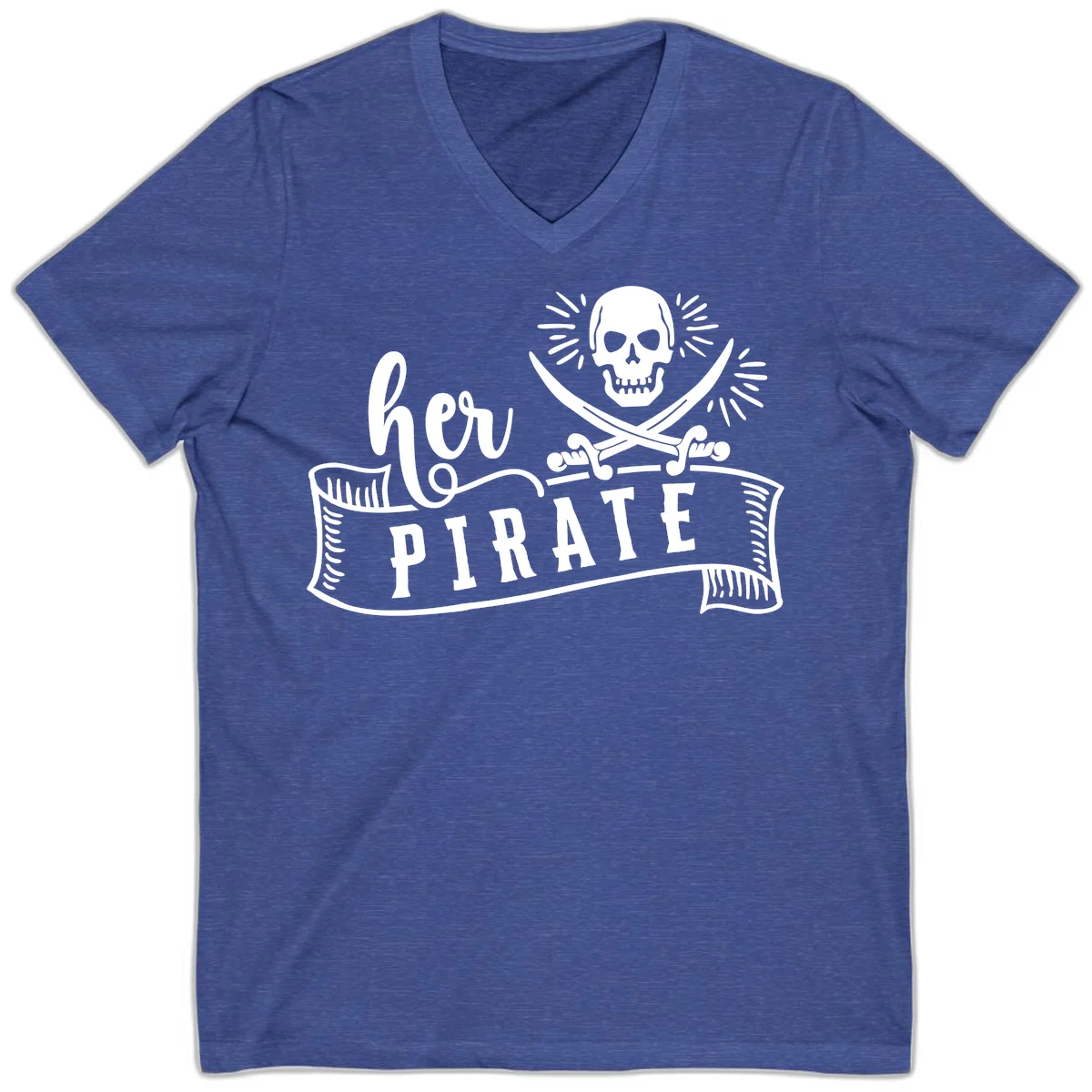 Ahoy Pirate Skull & Crossbones V-Neck in Heather True Royal