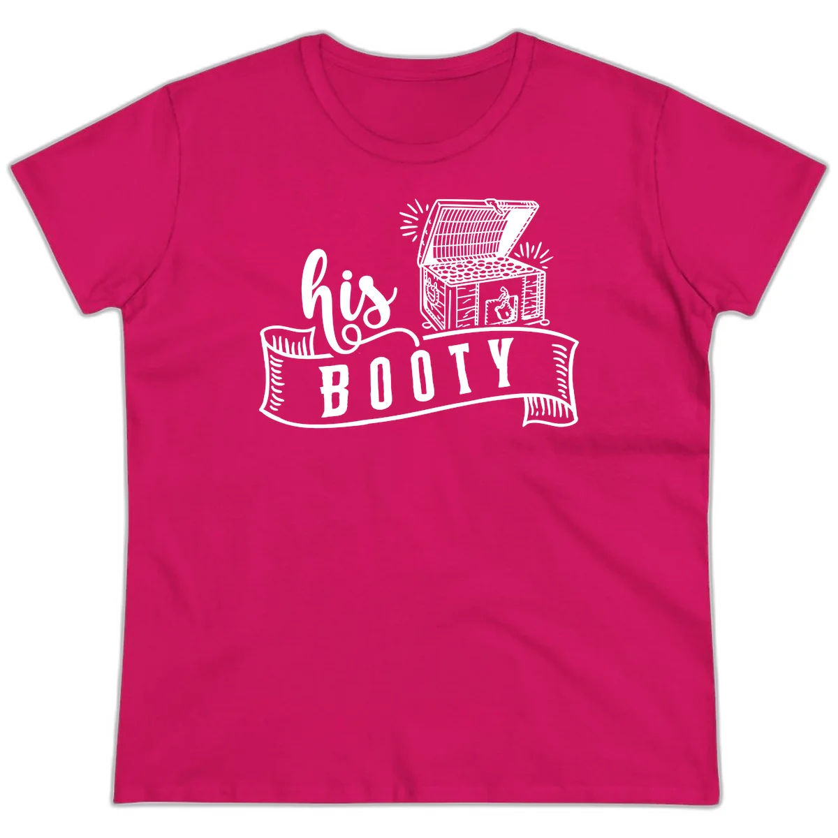 His Booty Treasure Chest Cruise Ladies Tee in Heliconia