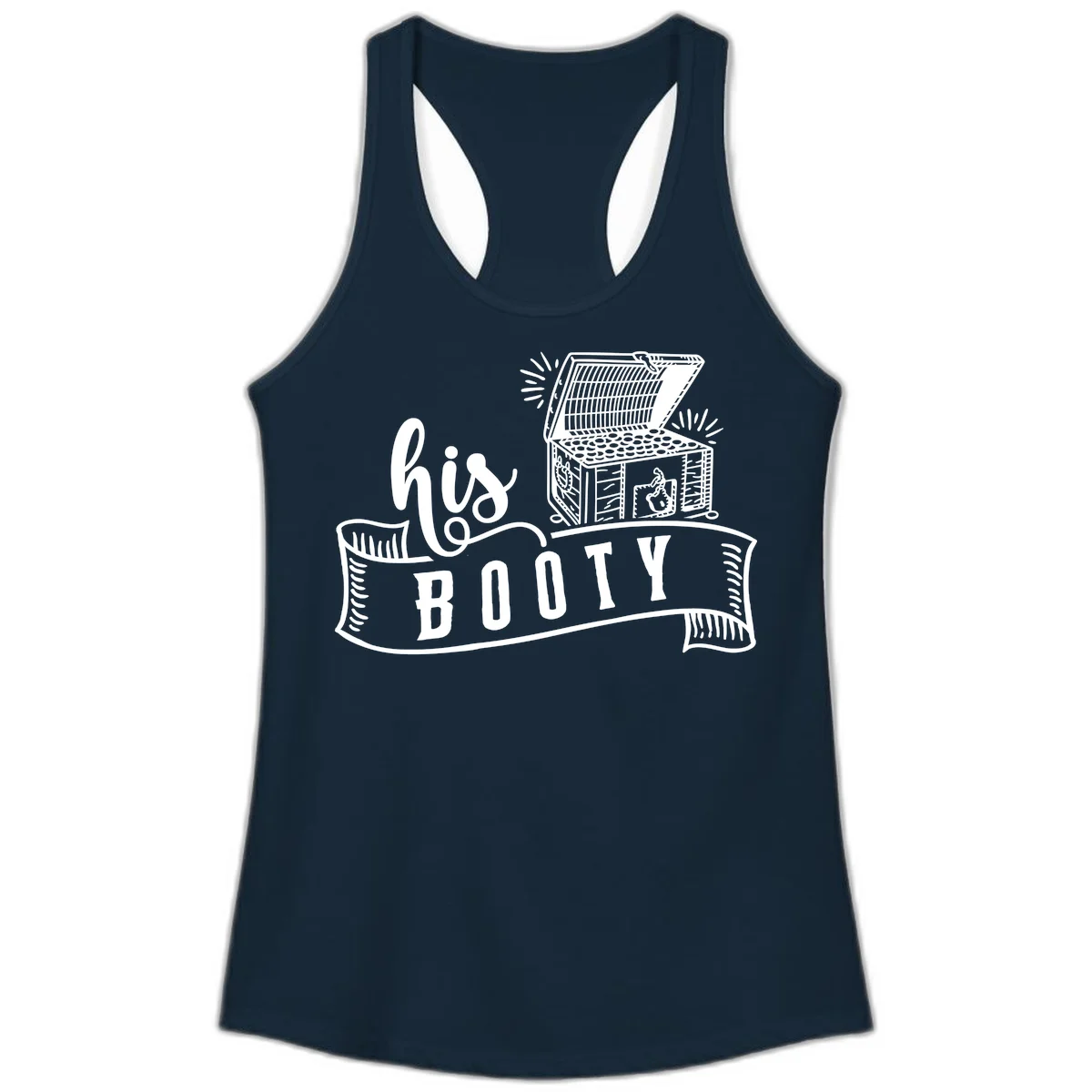 His Booty Treasure Chest Cruise Ladies Tank in Solid Midnight Navy
