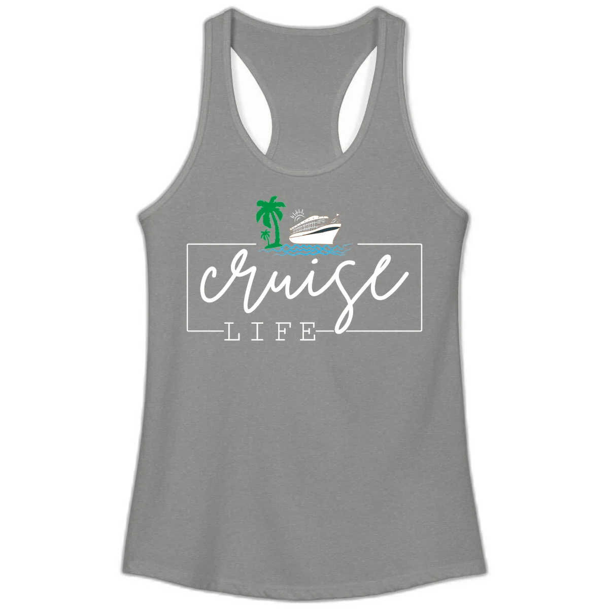 Cruising Life Tropical Getaway Ladies Tank Top in Heather Grey