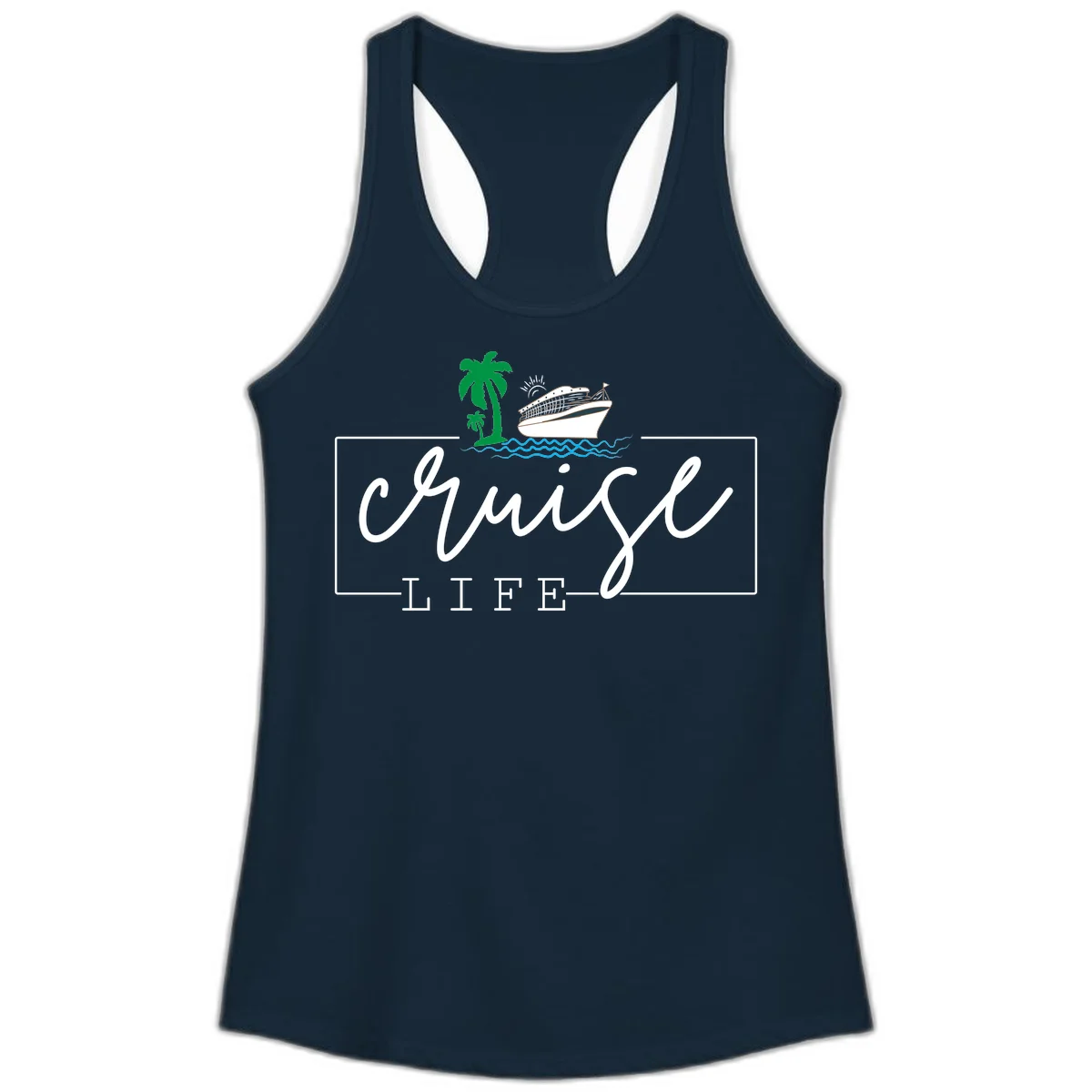 Cruising Life Tropical Getaway Ladies Tank Top in Solid Midnight Navy