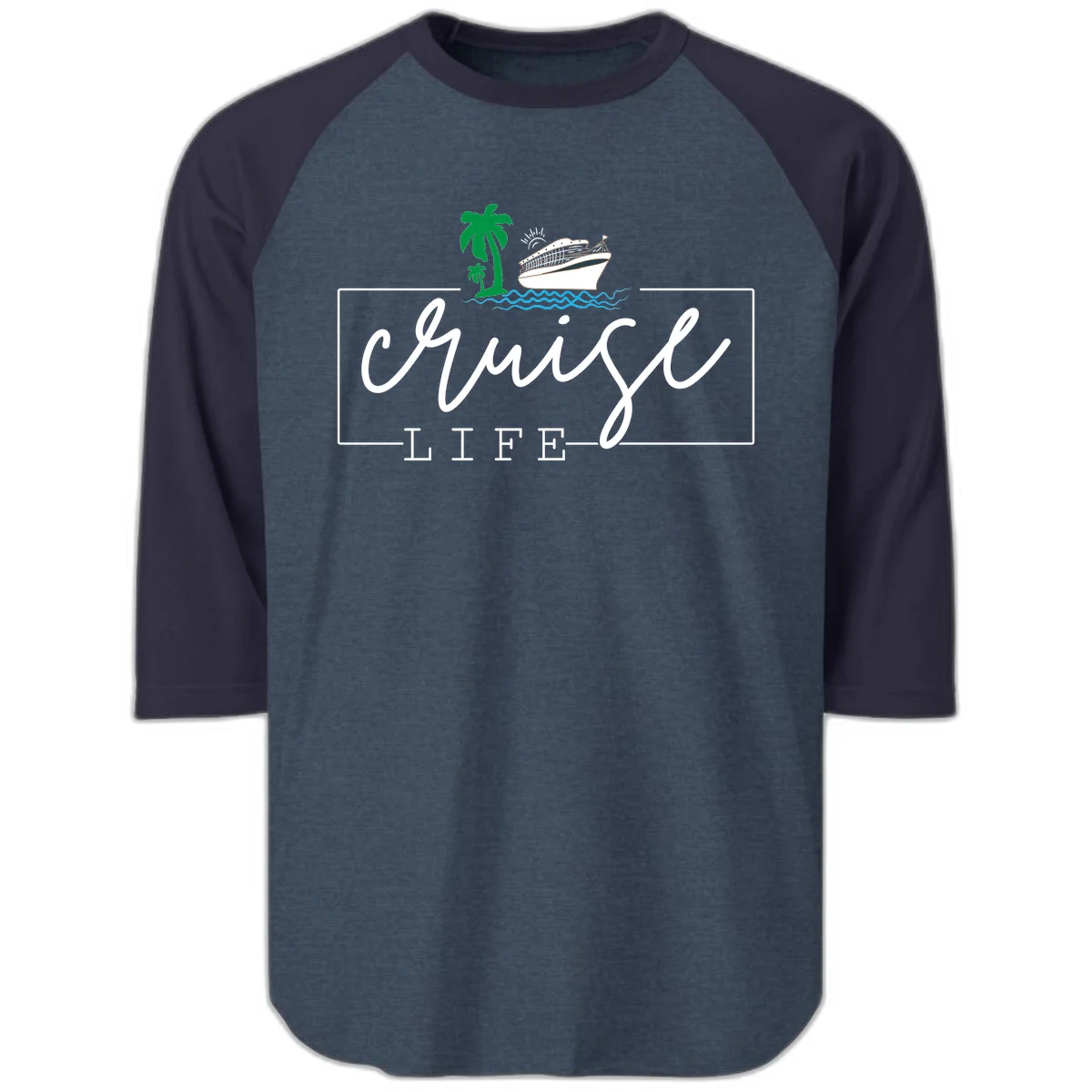 Cruising Life Tropical Getaway Raglan 3/4 Tee in Heather Denim Navy