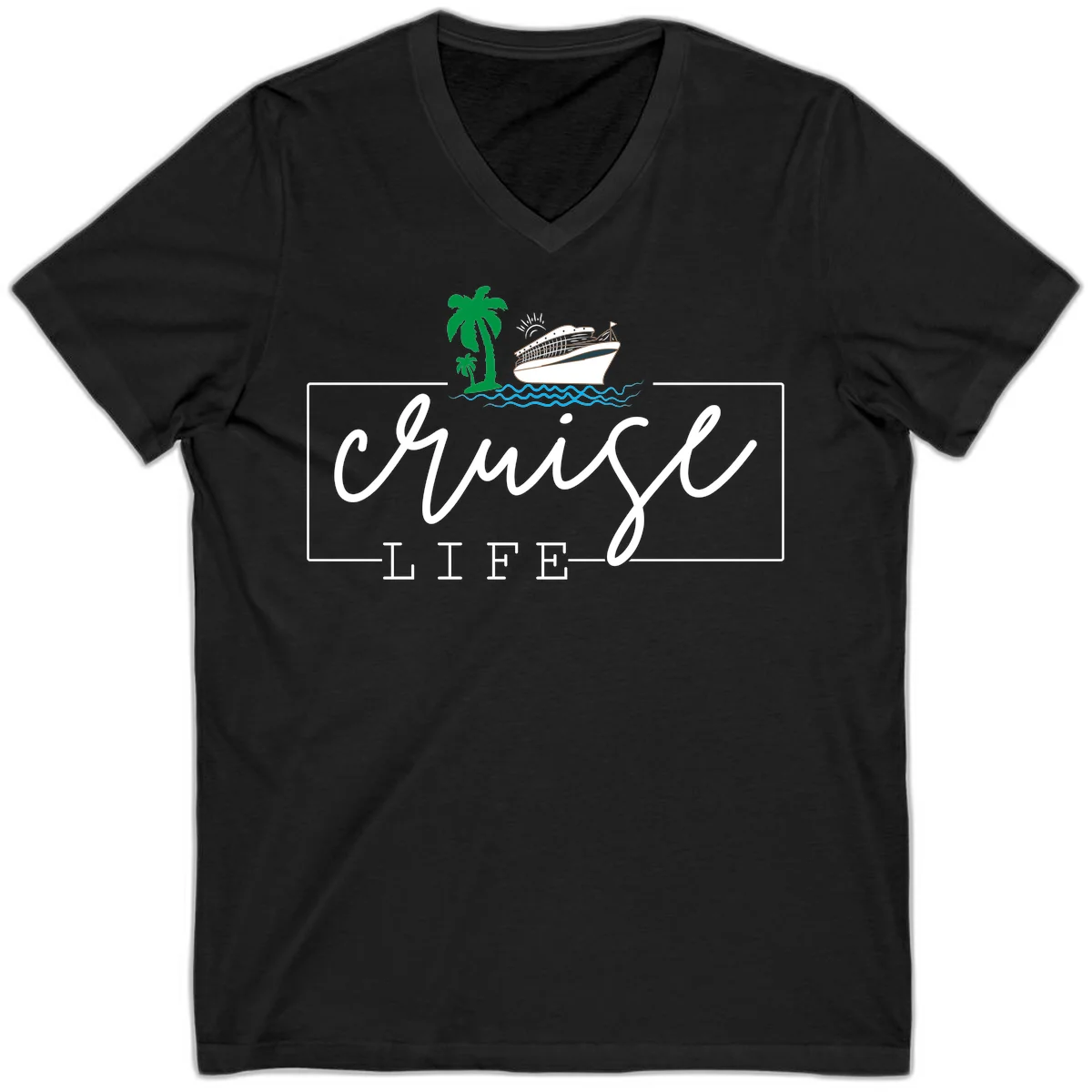 Cruising Life Tropical Getaway V-Neck Tee in Black