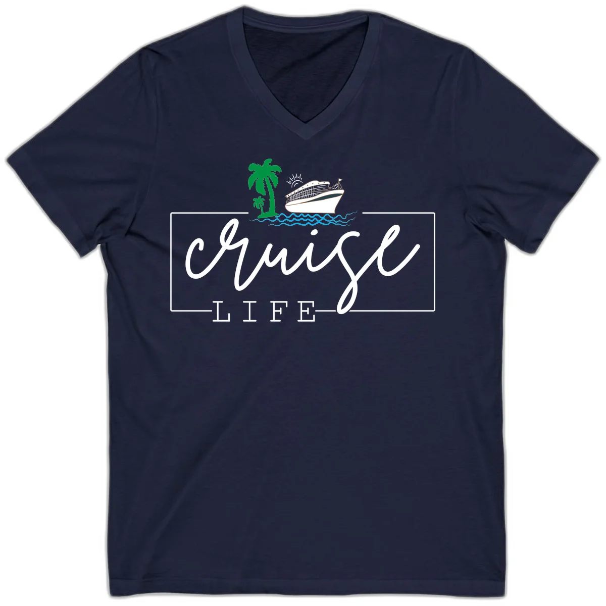Cruising Life Tropical Getaway V-Neck Tee in Navy