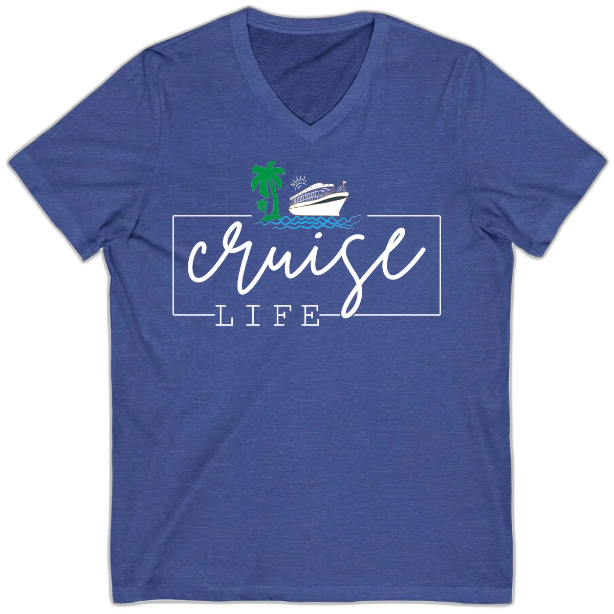 Cruising Life Tropical Getaway V-Neck Tee in Heather True Royal