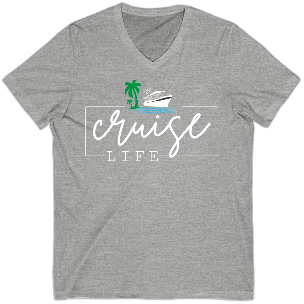 Cruising Life Tropical Getaway V-Neck Tee in Athletic Heather
