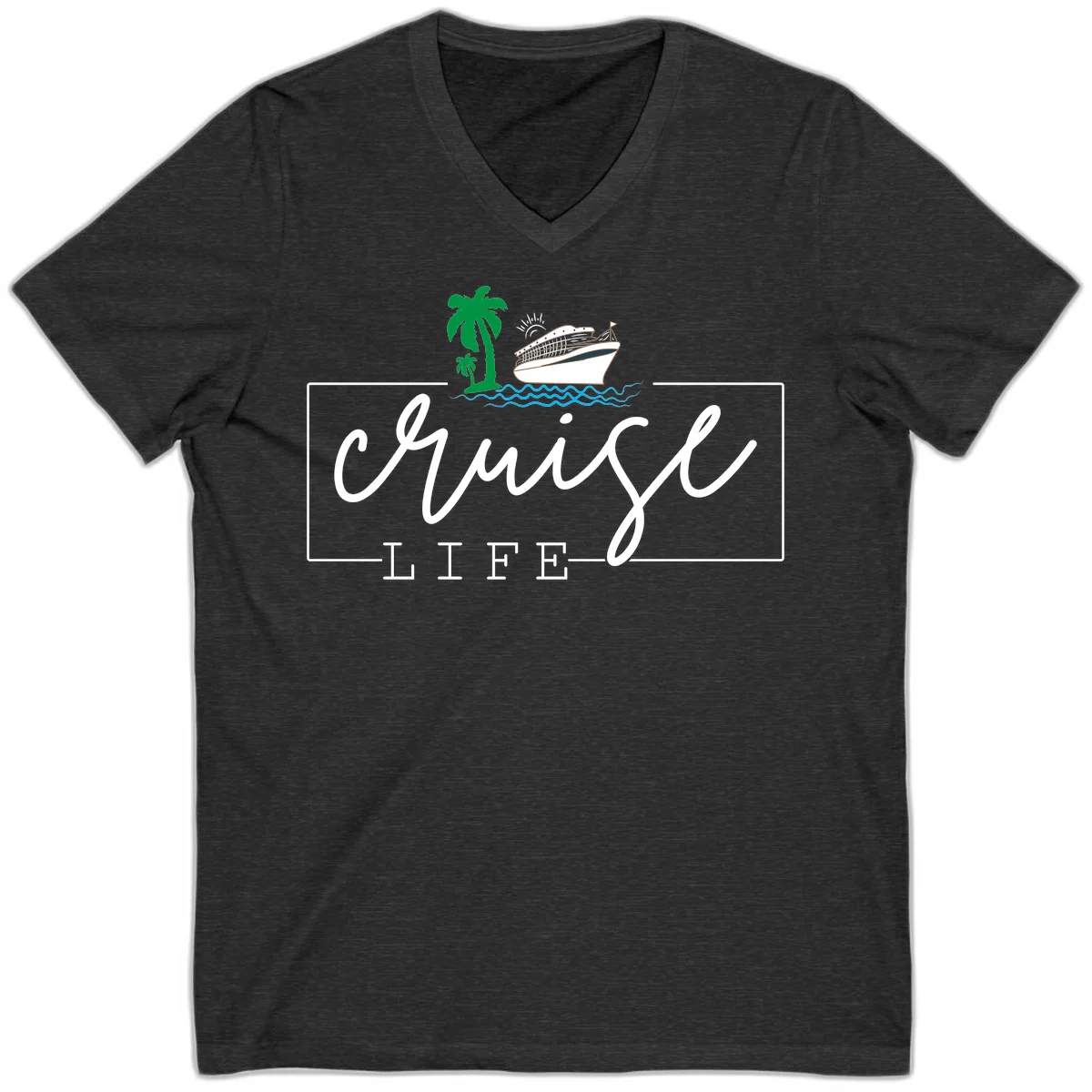 Cruising Life Tropical Getaway V-Neck Tee in Dark Grey Heather