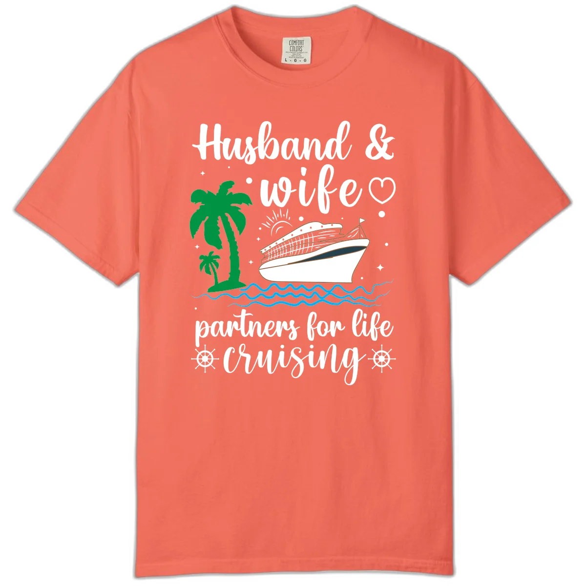 Husband & Wife Partners For Life Cruising Comfort Color Tee in Bright Salmon