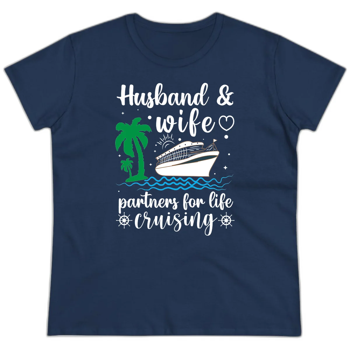 Husband & Wife Partners For Life Cruising Ladies Tee in Navy