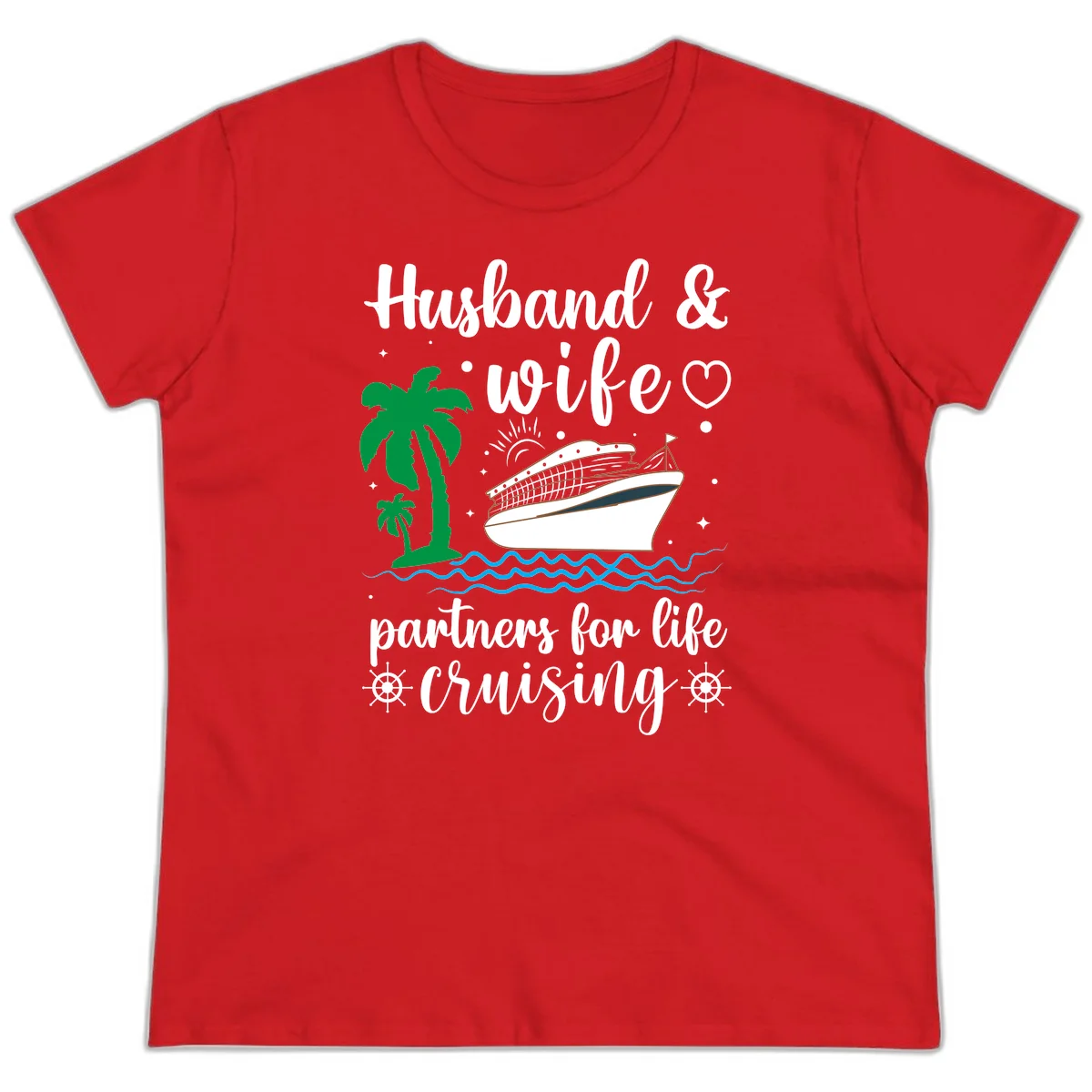 Husband & Wife Partners For Life Cruising Ladies Tee in Red