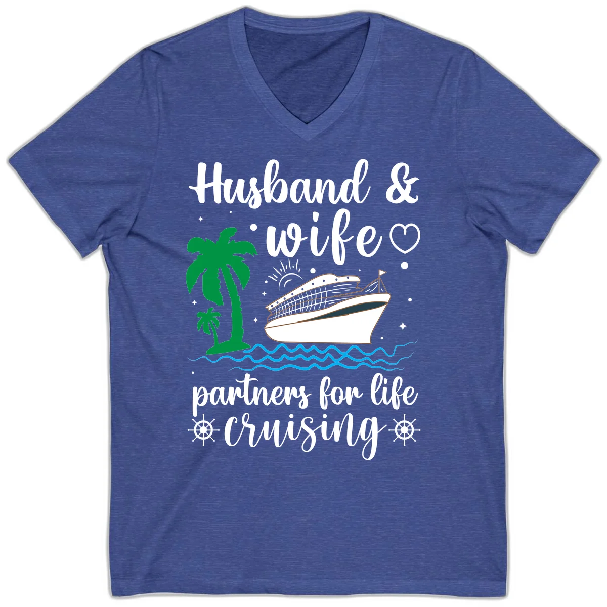 Husband & Wife Partners For Life Cruising V-Neck in Heather True Royal