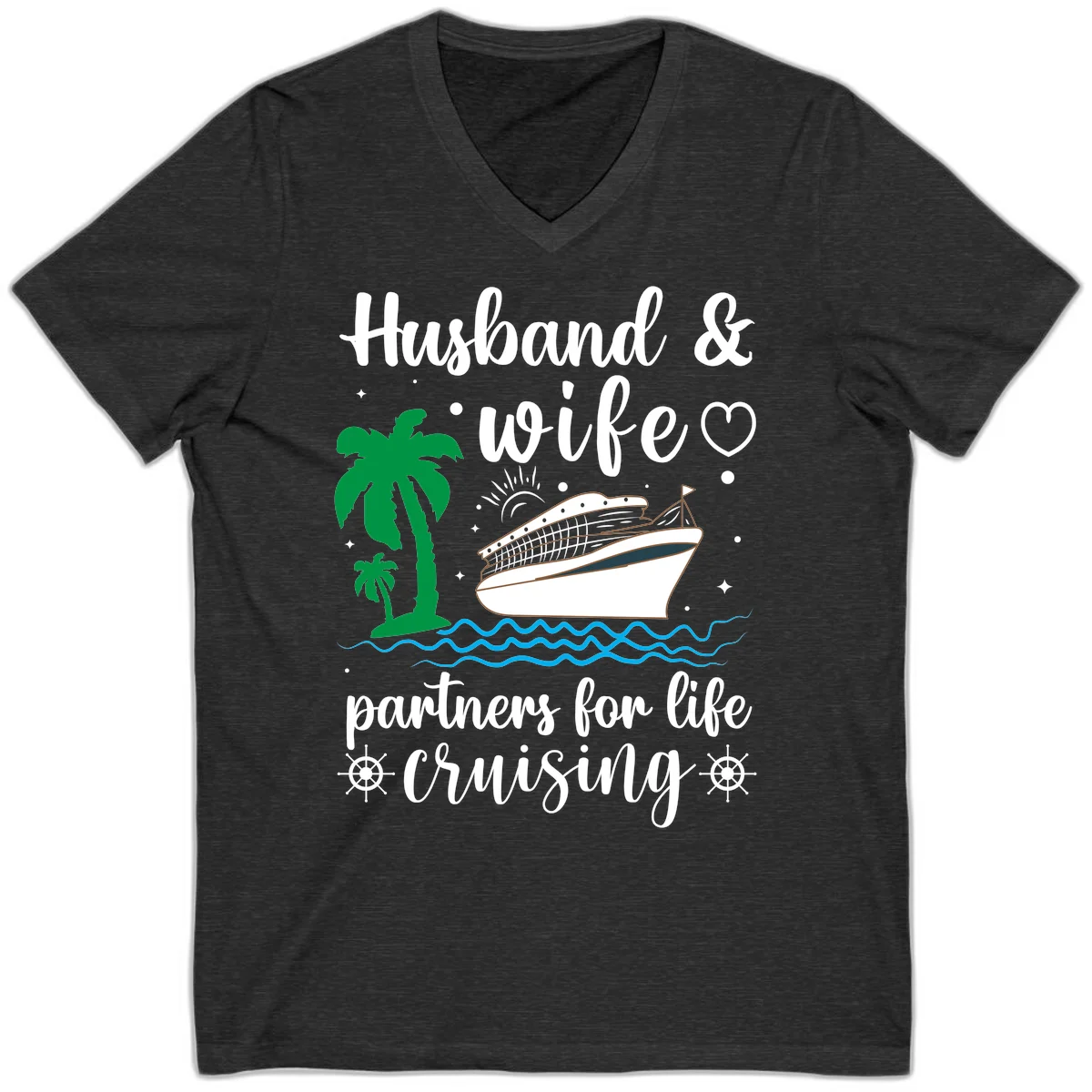 Husband & Wife Partners For Life Cruising V-Neck in Dark Grey Heather
