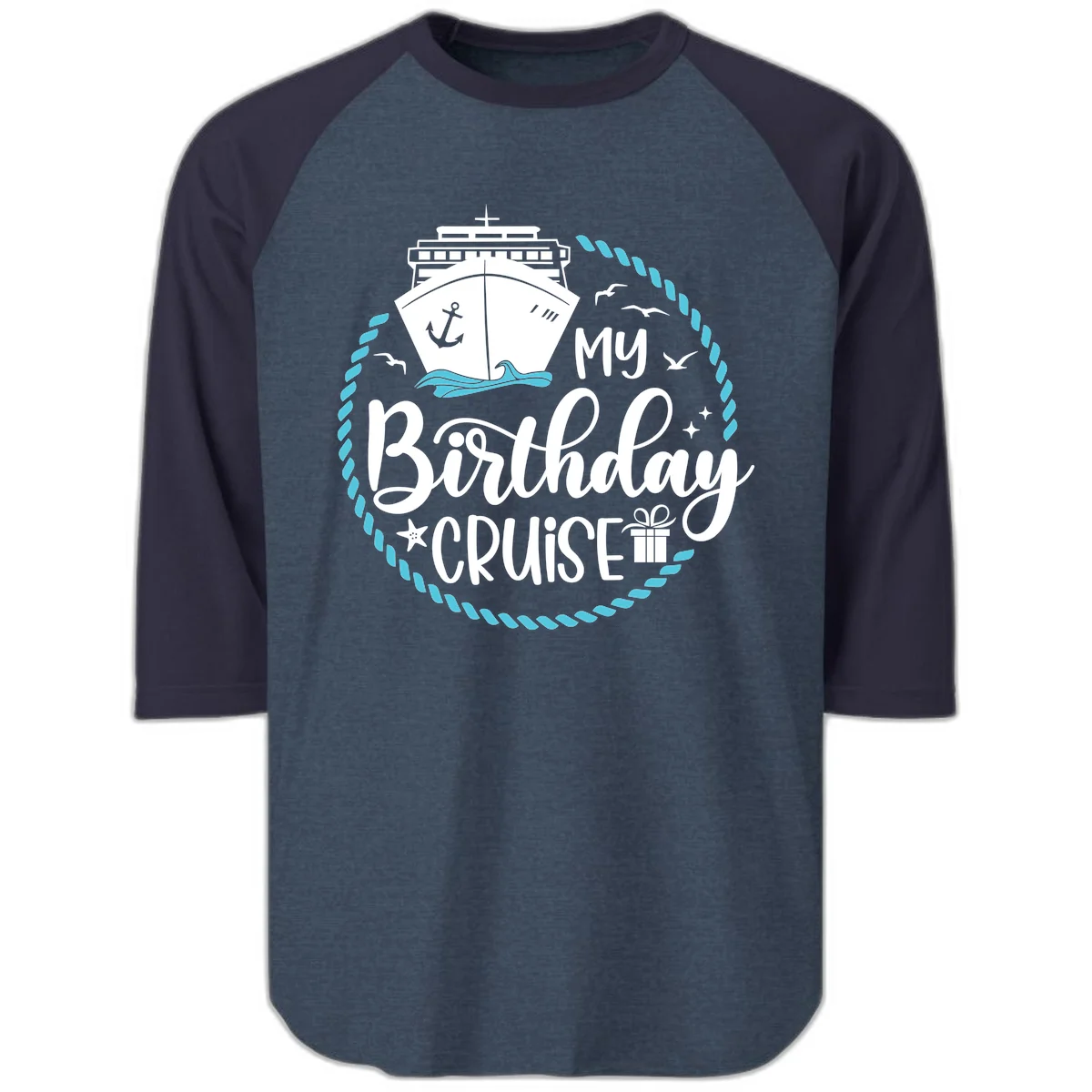 My Birthday Cruise Raglan 3/4 Sleeve Tee in Heather Denim Navy