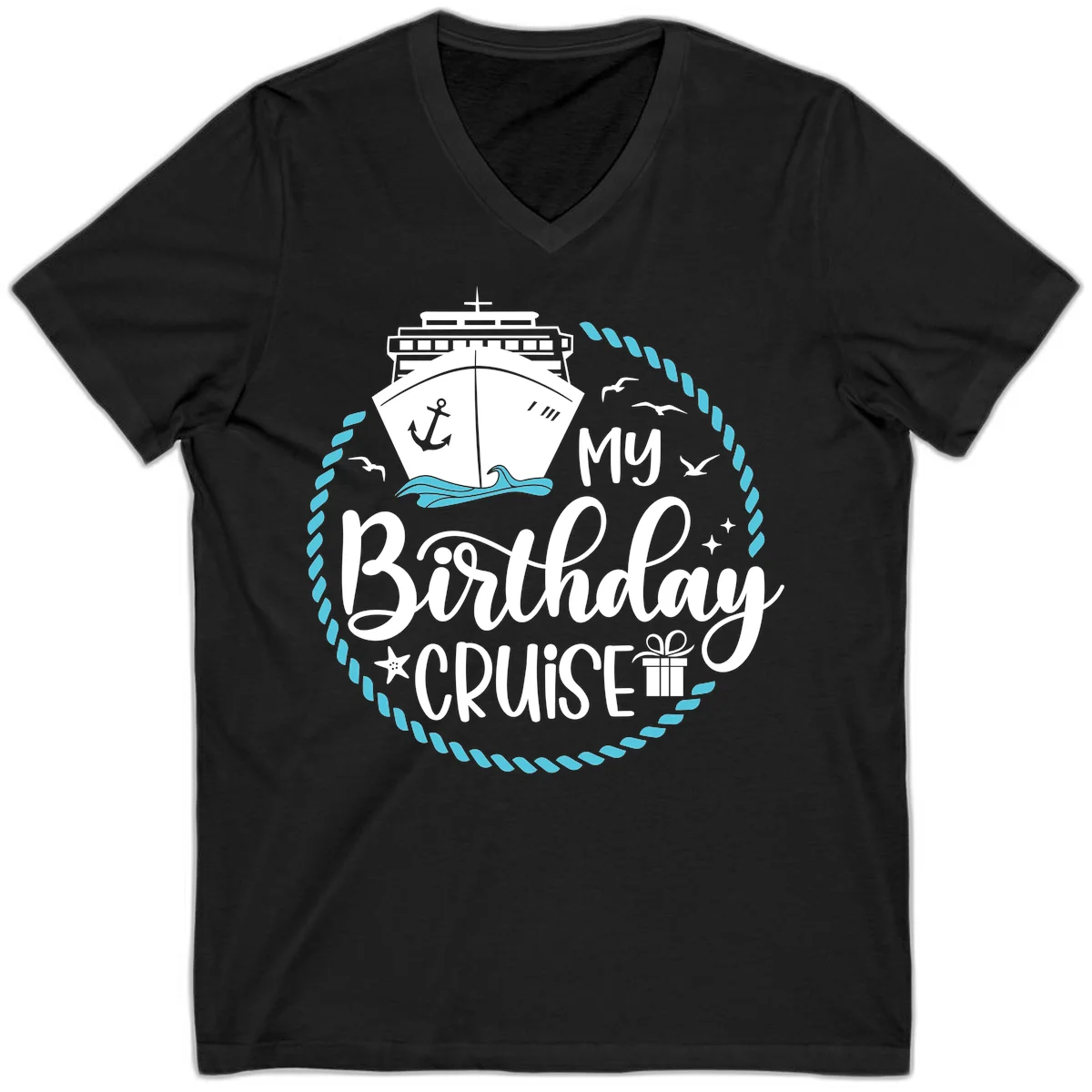 My Birthday Cruise Celebration V-Neck Tee in Black