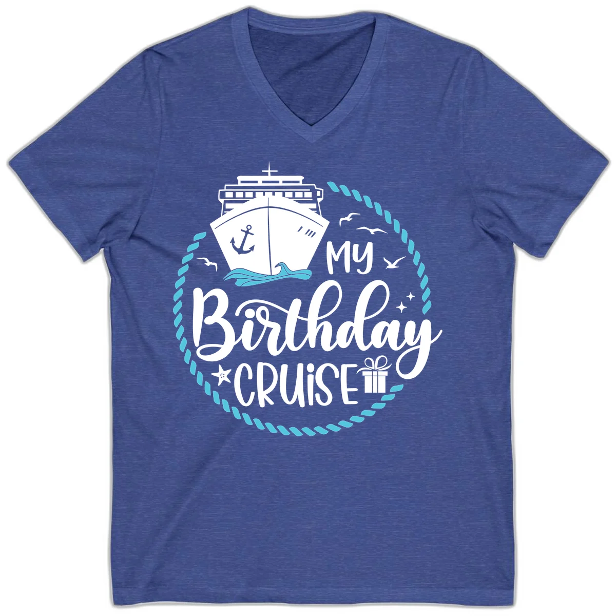 My Birthday Cruise Celebration V-Neck Tee in Heather True Royal