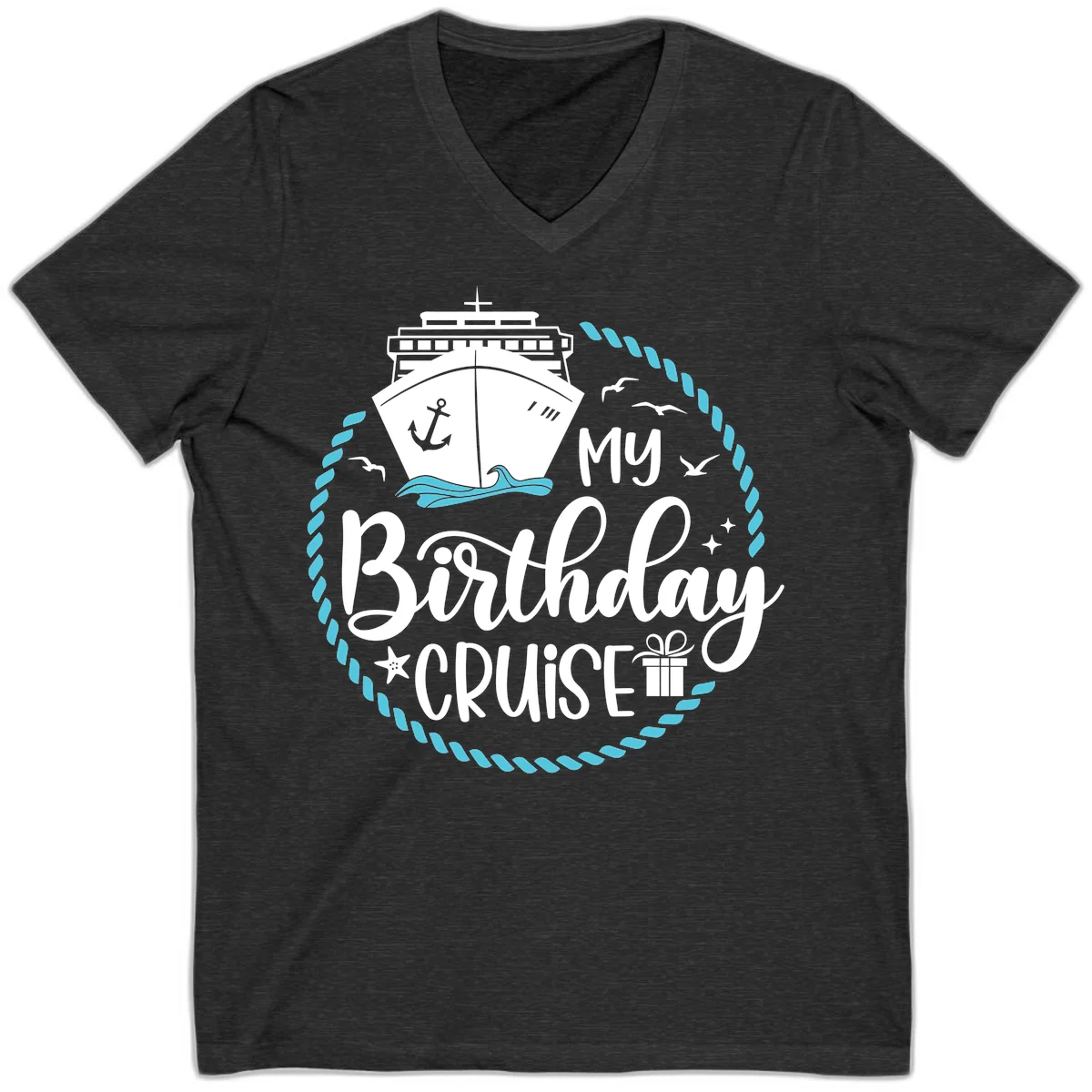 My Birthday Cruise Celebration V-Neck Tee in Dark Grey Heather