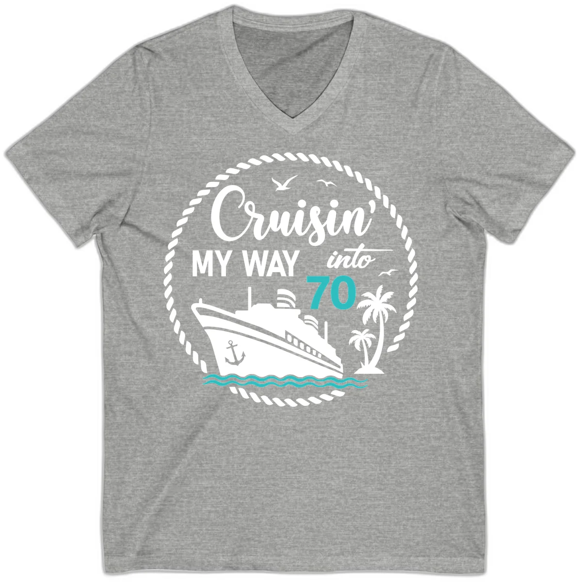 Cruisin' My Way Into 70 V-Neck Tee in Athletic Heather