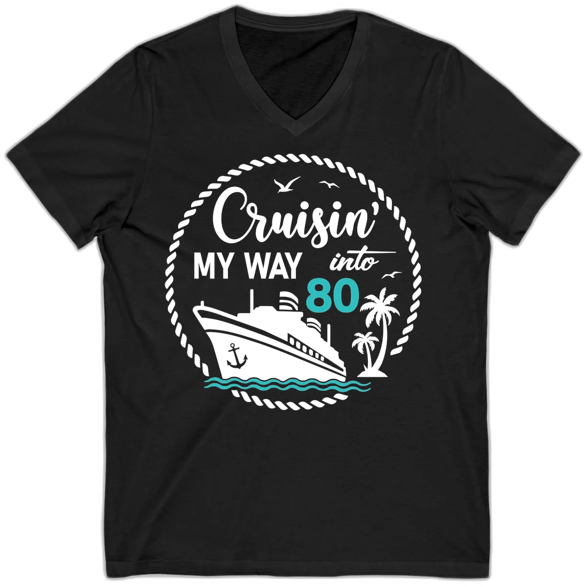 Cruisin' My Way Into 80 V-Neck T-Shirt in Black