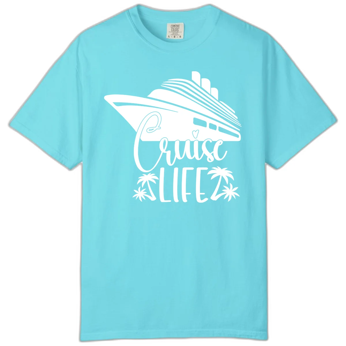 Cruise Life Ship & Palm Trees Comfort Colors Cruise Tee in Lagoon Blue