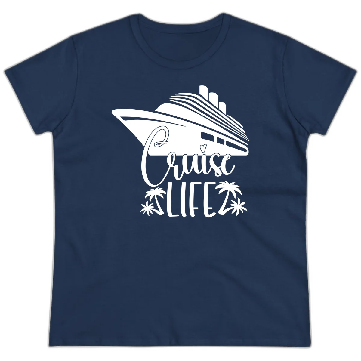 Cruise Life Ship & Palm Trees Ladies Vacation Tee in Navy