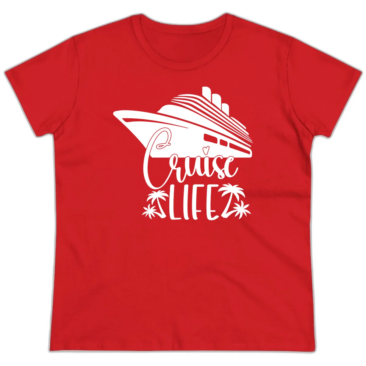 Cruise Life Ship & Palm Trees Ladies Vacation Tee in Red