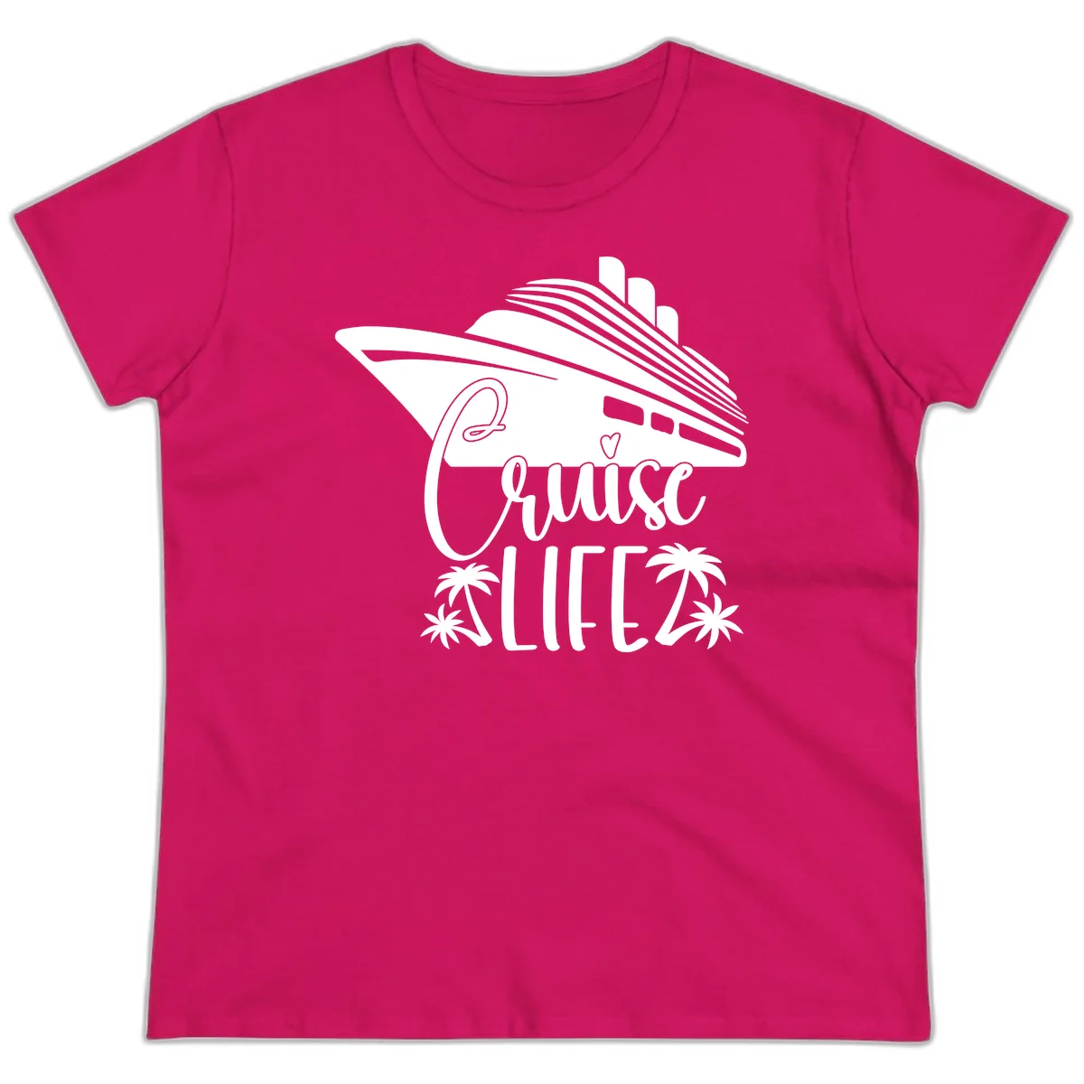 Cruise Life Ship & Palm Trees Ladies Vacation Tee in Heliconia