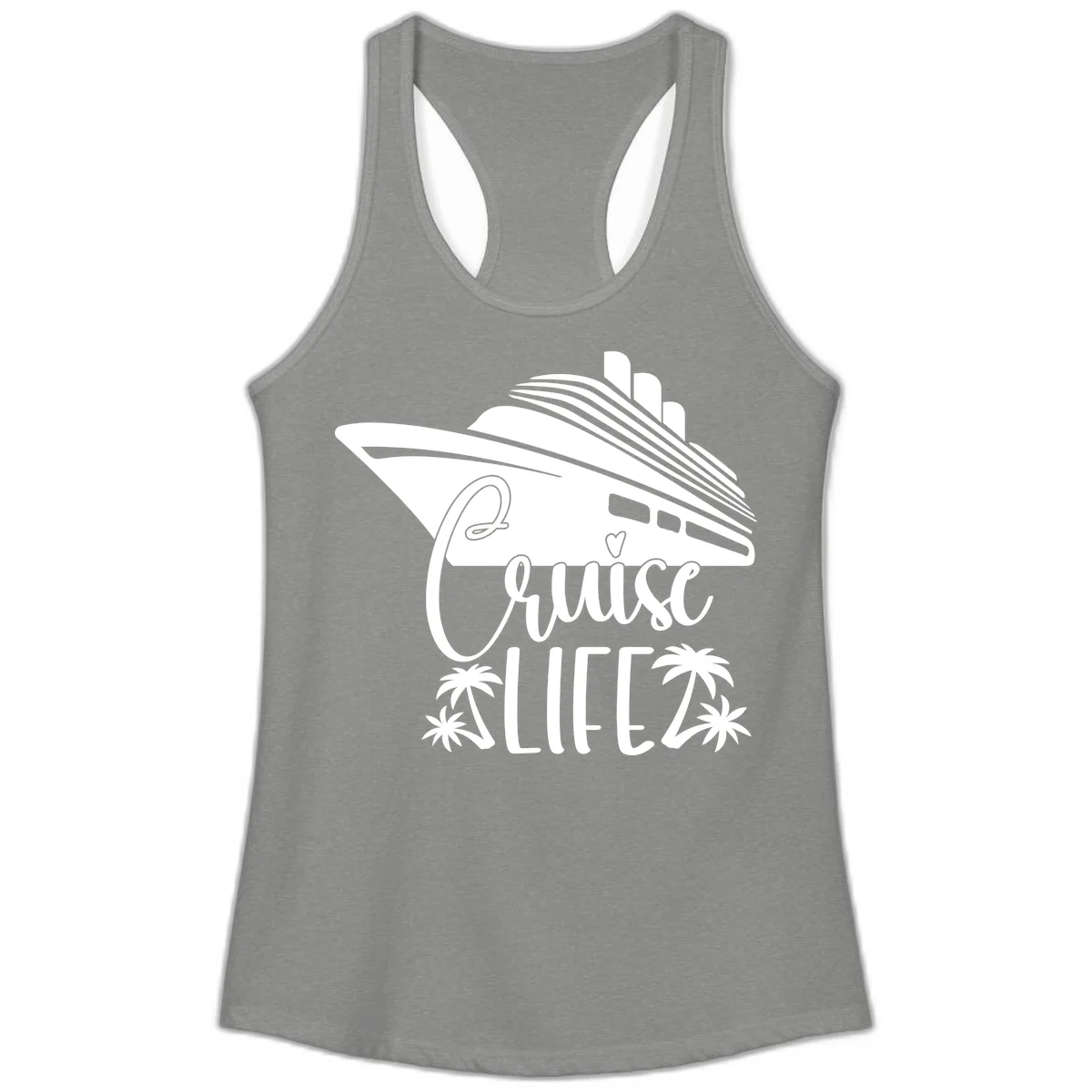 Cruise Life Ship & Palm Trees Ladies Racerback Tank in Heather Grey